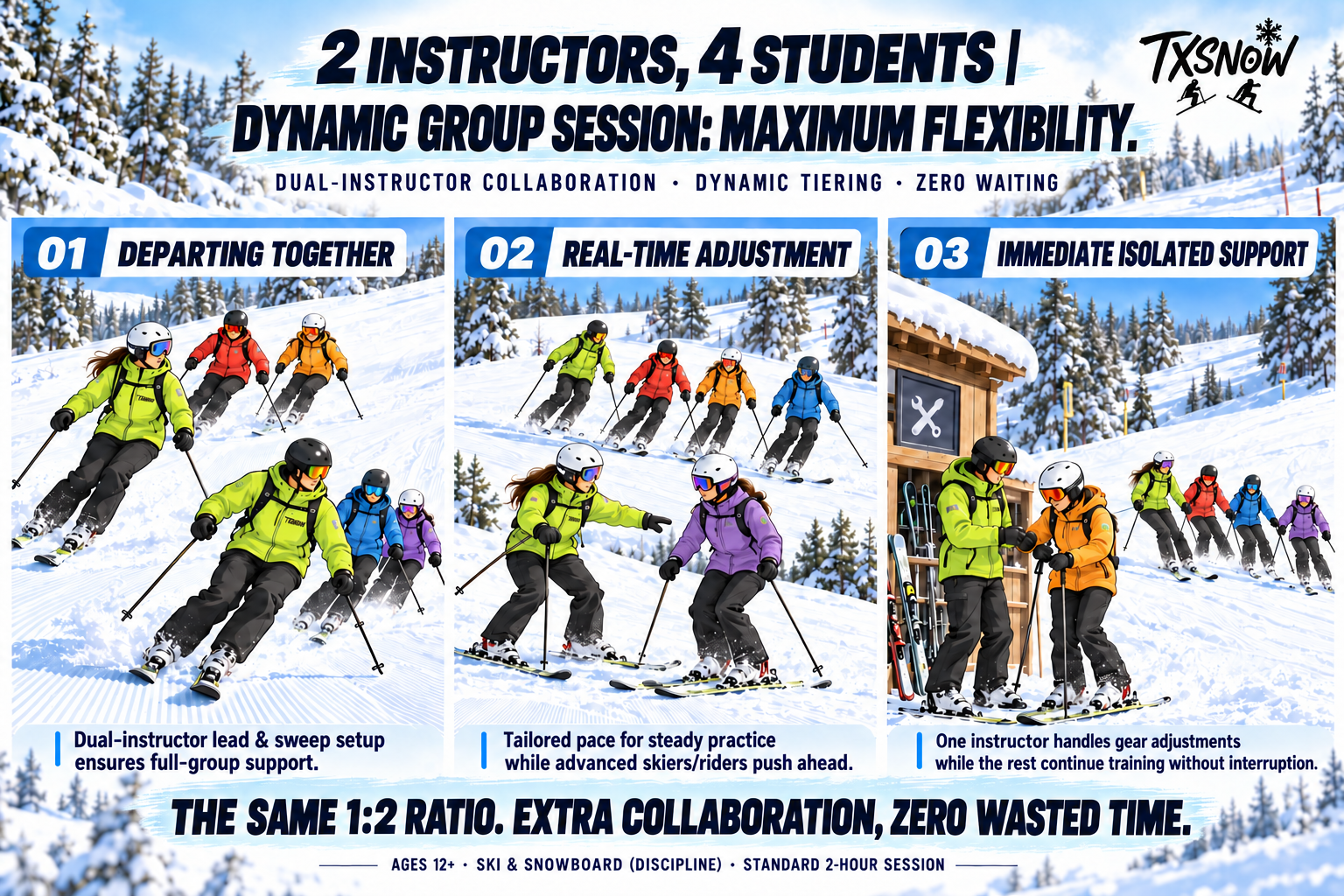 Three scenes show two instructors and four students starting together, regrouping by progress, and handling an equipment issue.